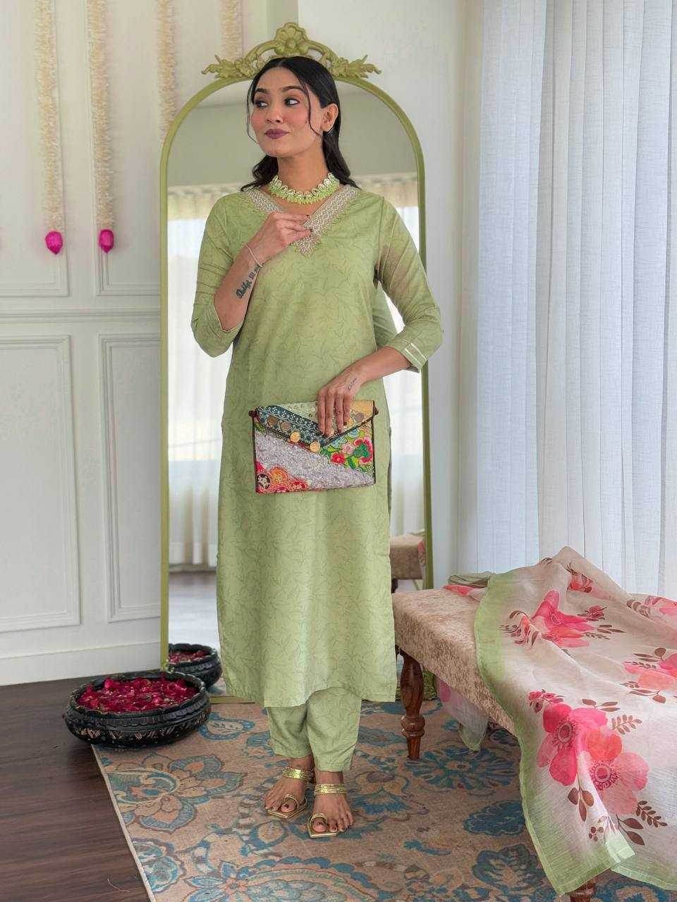 Rayon Embroidery Party wear suit Green Salwar - MYLUXURY LANE ENTERPRISE